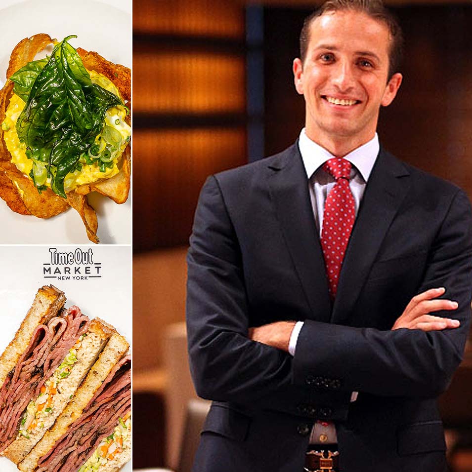 Albert Allaham of Center Cuty with two dishes, one a patrami sandwich