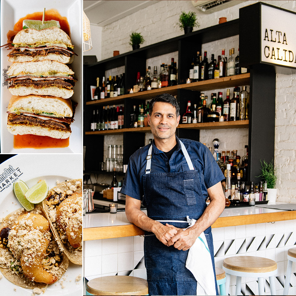 Chef Akhtar Nawab, fried meat sandwich and shrimp tacos by Alta Calidad