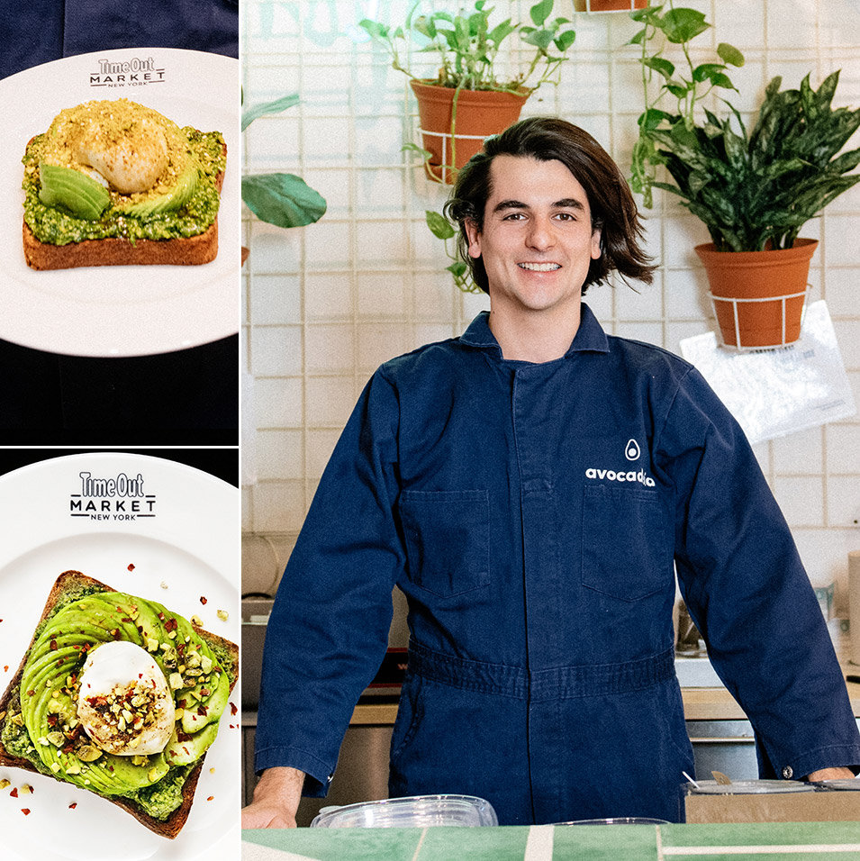 Chef Francesco Brachetti and two avocado toasts by Avocaderia