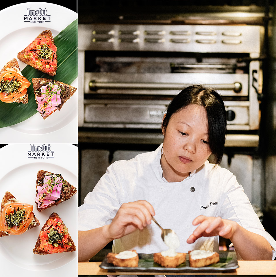 Chef Emily Yuen with raw fish offerings by Bessou atop fried rice cake