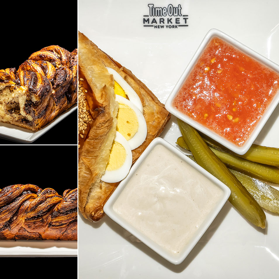 Breads Bakery world-famous babka and Bureka platter with hard-boiled egg, tahini and pickles