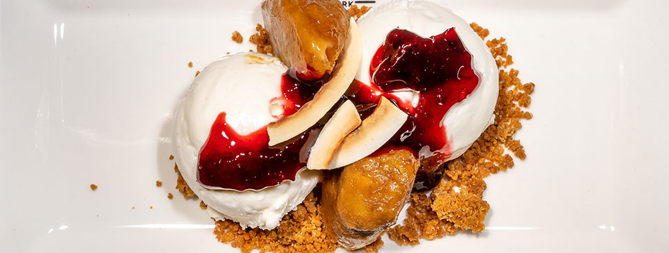 Ice and Vice icecream topped with fruit compote