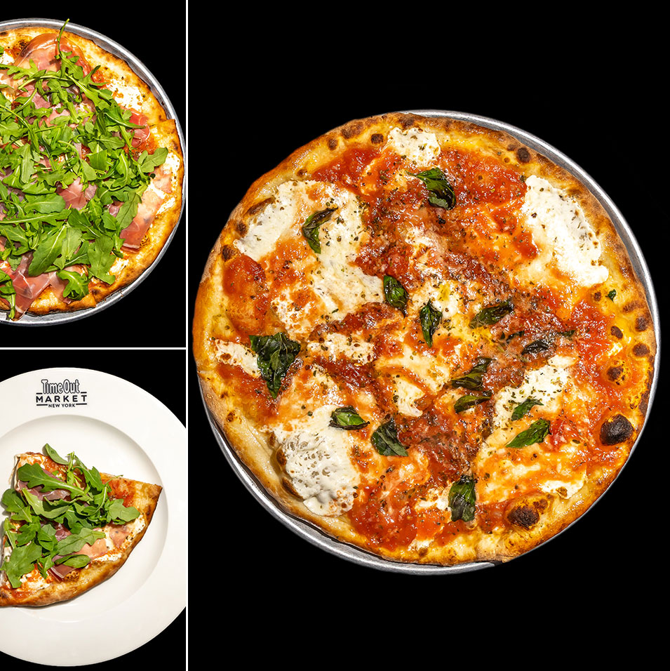 Juliana's margherita pizza and a pie topped with arugula