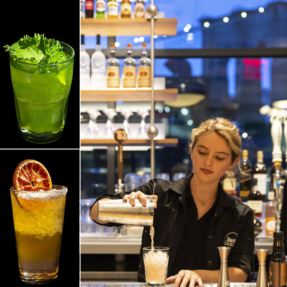 Two light spirit cocktails and a female bartender pouring a mixed drink